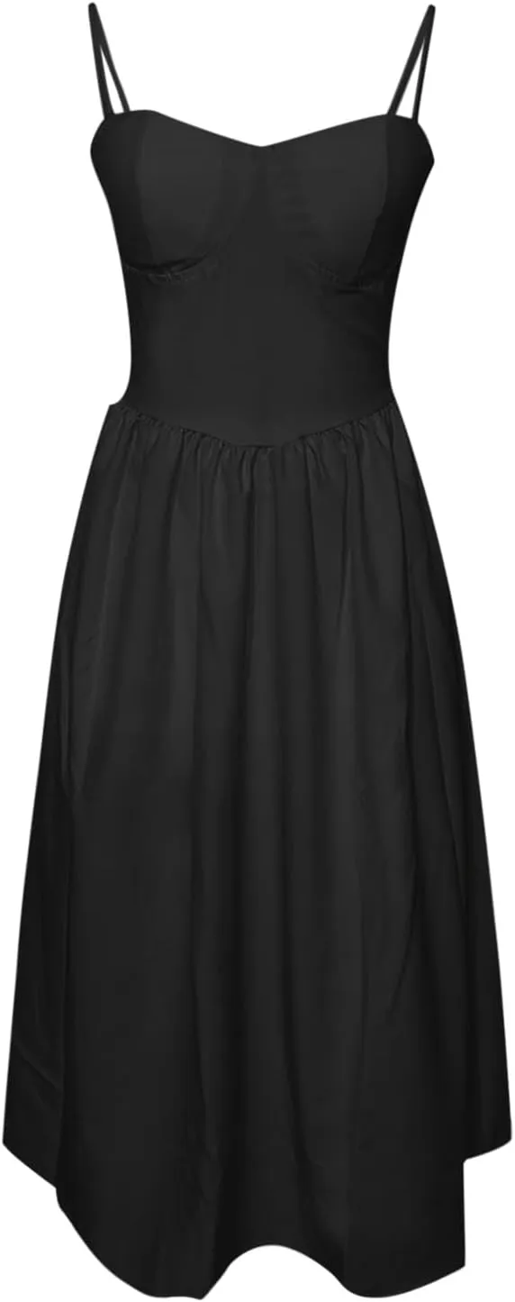 Women Summer 2025 Maxi Dress Spaghetti Strap Back CRIS Cross Flowy Pleated Hem Corset Skirt Church Work Dresses Outfits