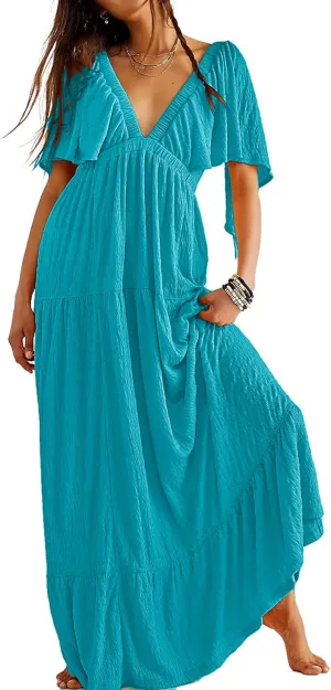 Women Summer Dresses Sexy V-Neck Maxi Dress Tiered Silhouette with Flutter Sleeve Backless Elastic Waist Flowy Dress