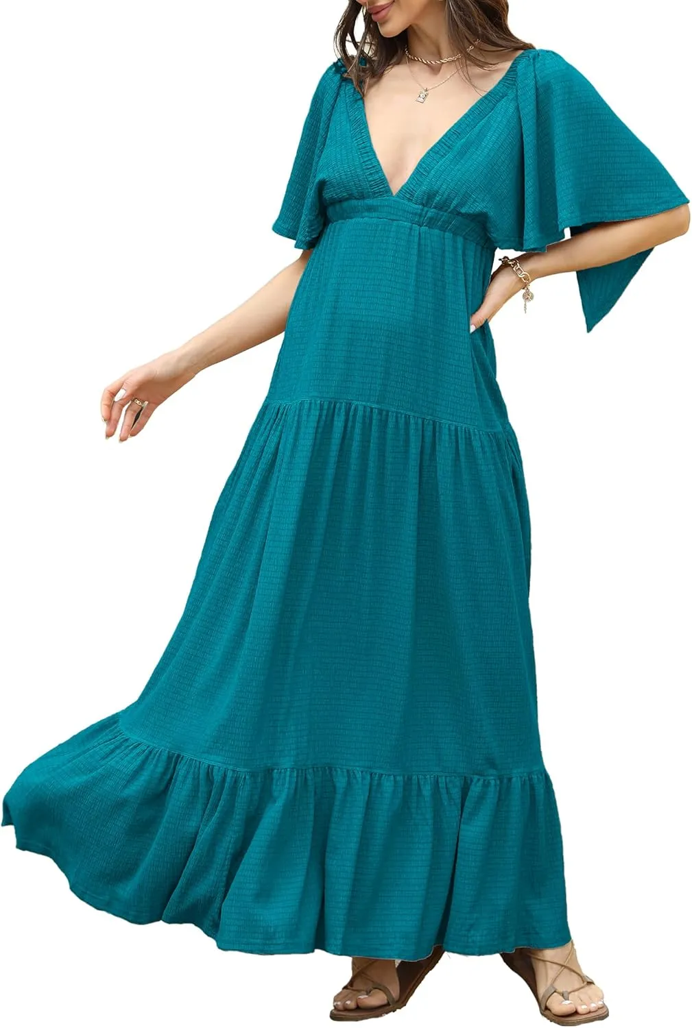 Women Summer Dresses Sexy V-Neck Maxi Dress Tiered Silhouette with Flutter Sleeve Backless Elastic Waist Flowy Dress