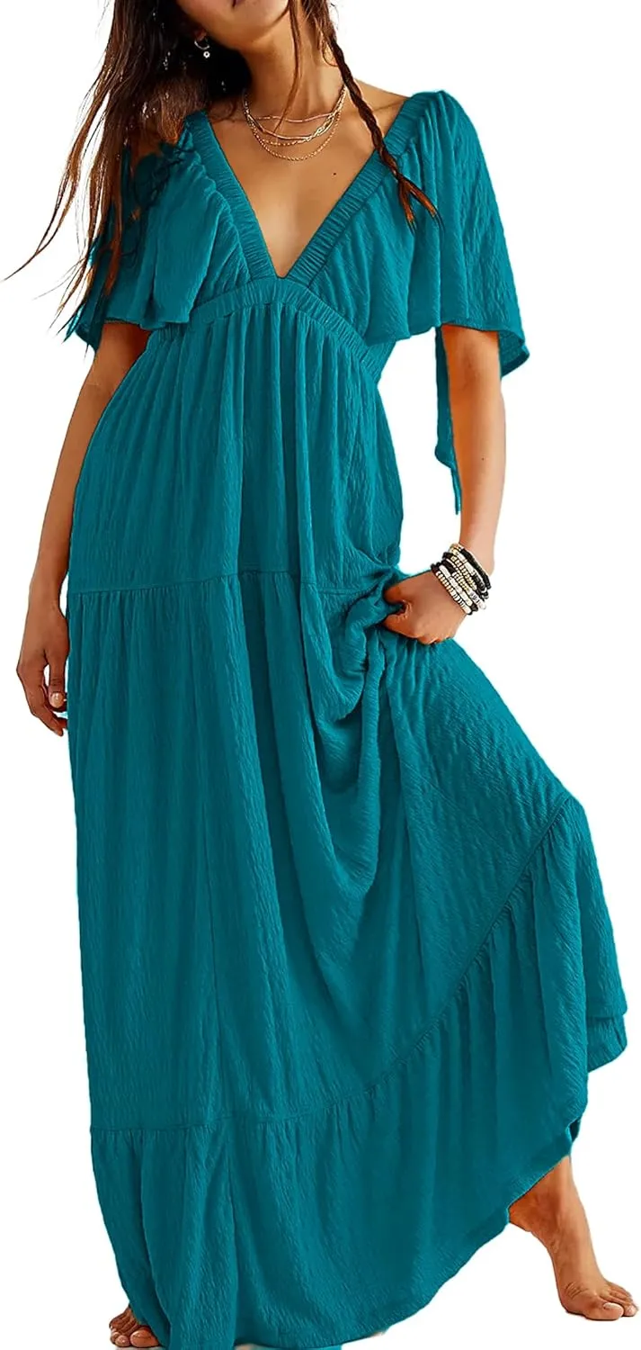 Women Summer Dresses Sexy V-Neck Maxi Dress Tiered Silhouette with Flutter Sleeve Backless Elastic Waist Flowy Dress