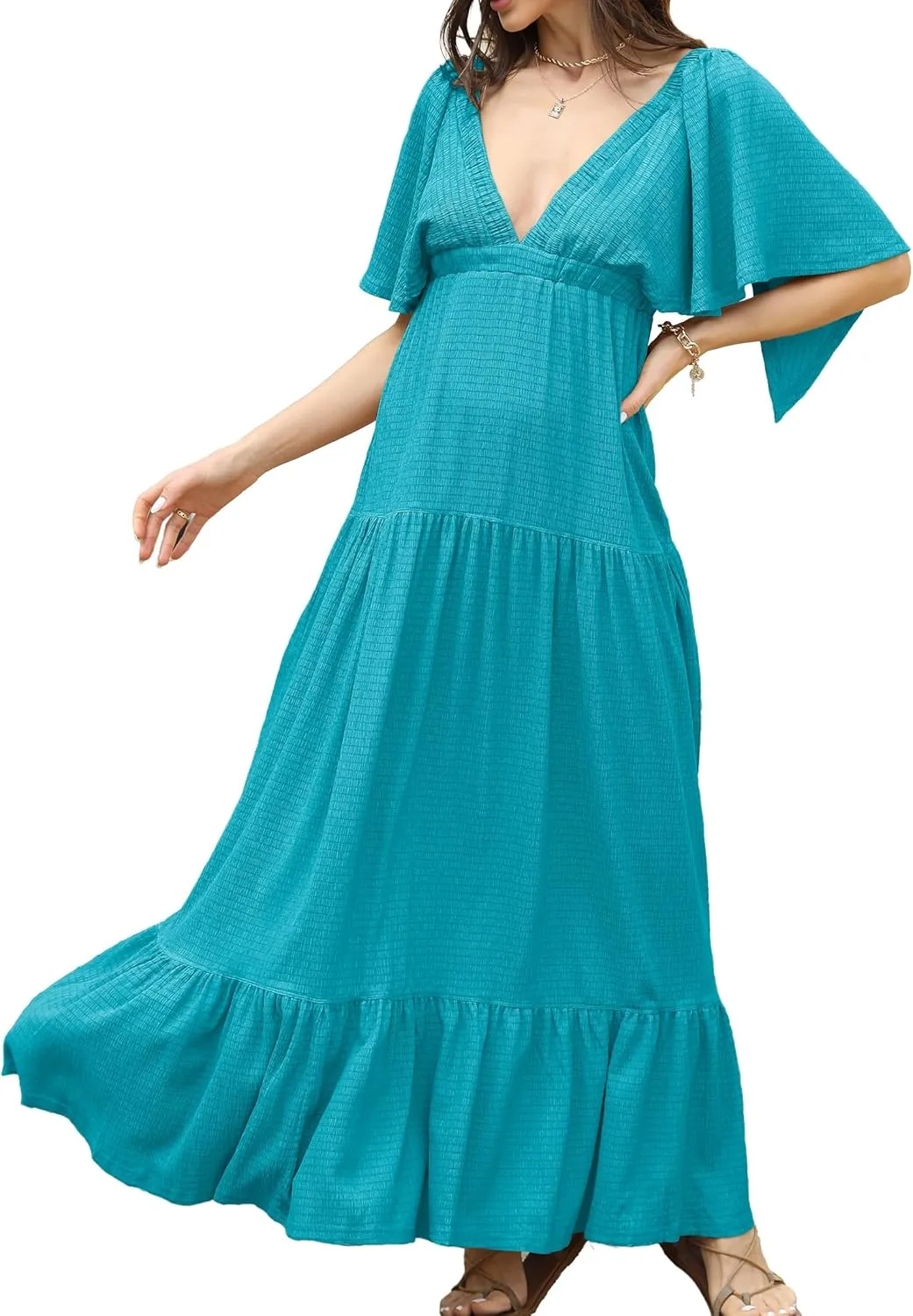Women Summer Dresses Sexy V-Neck Maxi Dress Tiered Silhouette with Flutter Sleeve Backless Elastic Waist Flowy Dress