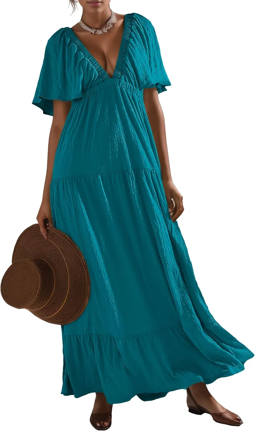 Women Summer Dresses Sexy V-Neck Maxi Dress Tiered Silhouette with Flutter Sleeve Backless Elastic Waist Flowy Dress