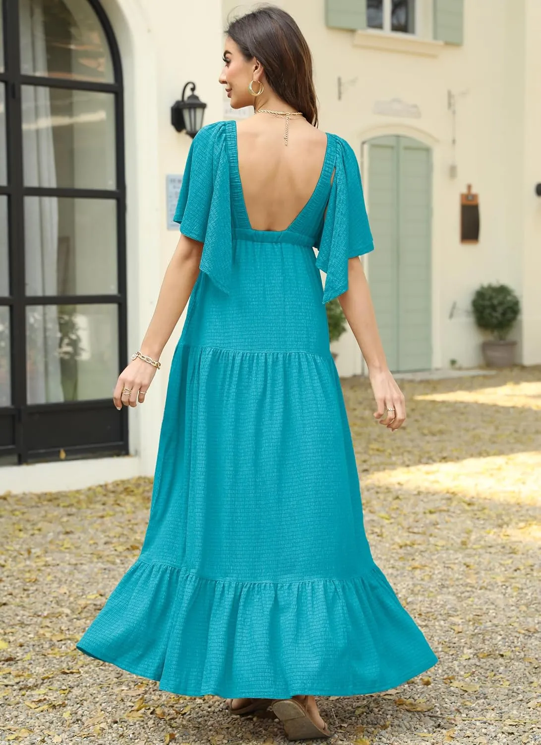 Women Summer Dresses Sexy V-Neck Maxi Dress Tiered Silhouette with Flutter Sleeve Backless Elastic Waist Flowy Dress