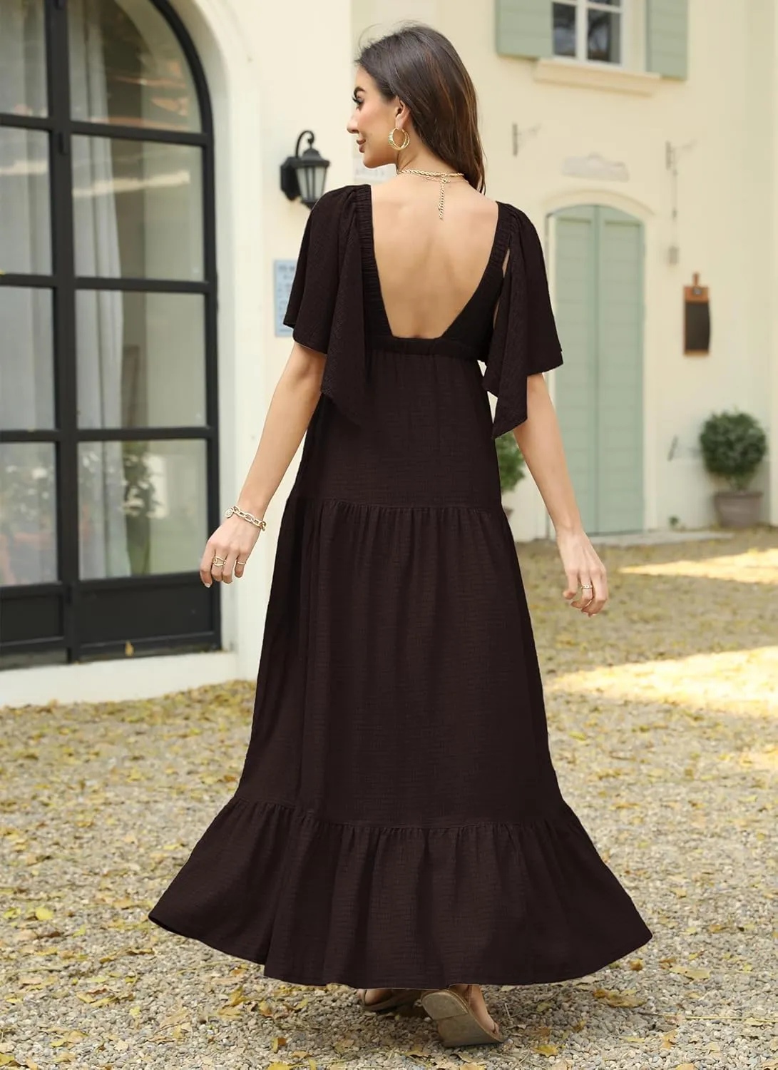 Women Summer Dresses Sexy V-Neck Maxi Dress Tiered Silhouette with Flutter Sleeve Backless Elastic Waist Flowy Dress