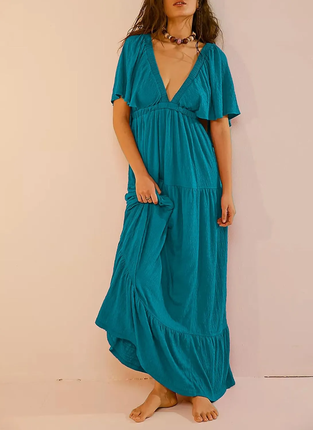 Women Summer Dresses Sexy V-Neck Maxi Dress Tiered Silhouette with Flutter Sleeve Backless Elastic Waist Flowy Dress