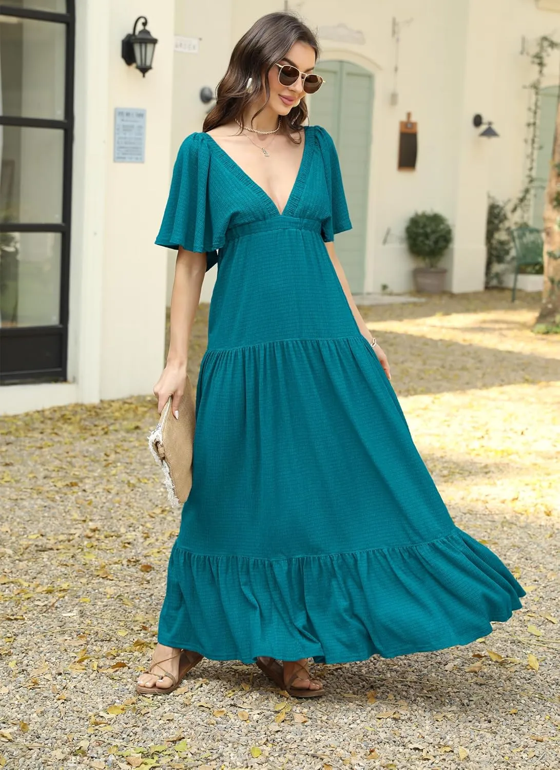Women Summer Dresses Sexy V-Neck Maxi Dress Tiered Silhouette with Flutter Sleeve Backless Elastic Waist Flowy Dress