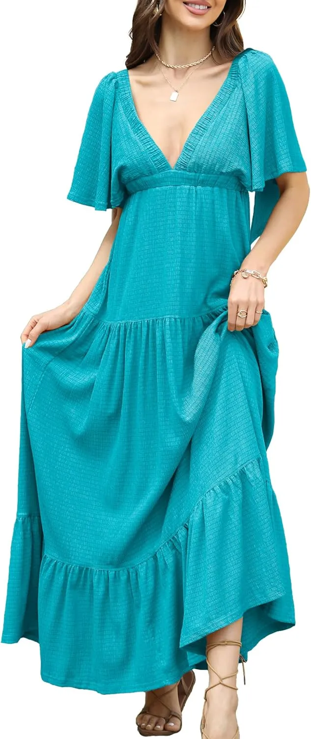 Women Summer Dresses Sexy V-Neck Maxi Dress Tiered Silhouette with Flutter Sleeve Backless Elastic Waist Flowy Dress
