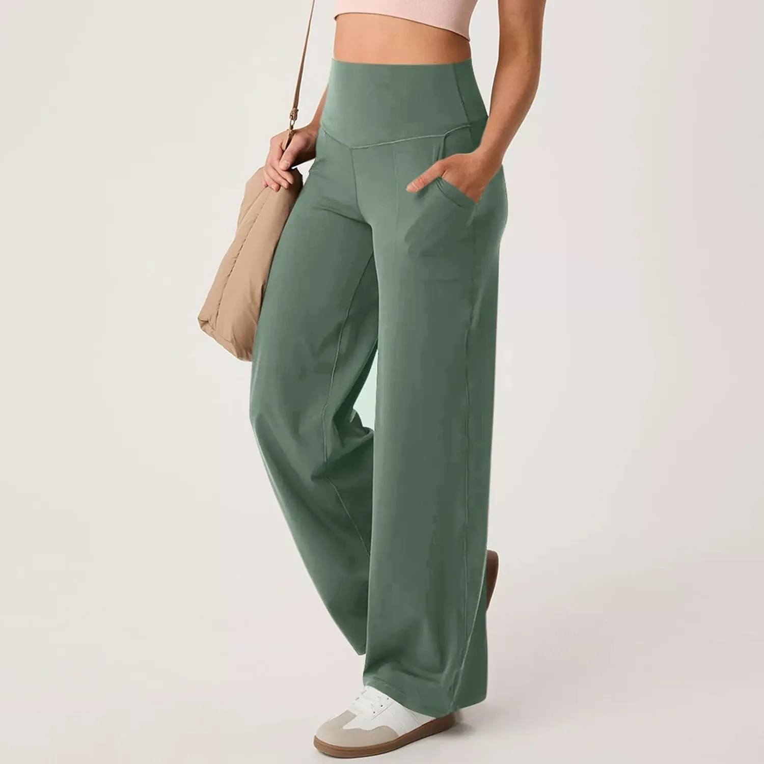 Women Wide Leg Yoga Pants with Pockets Stretch Straight Leg Dress Pant Tummy Summer Pants for Women Casual