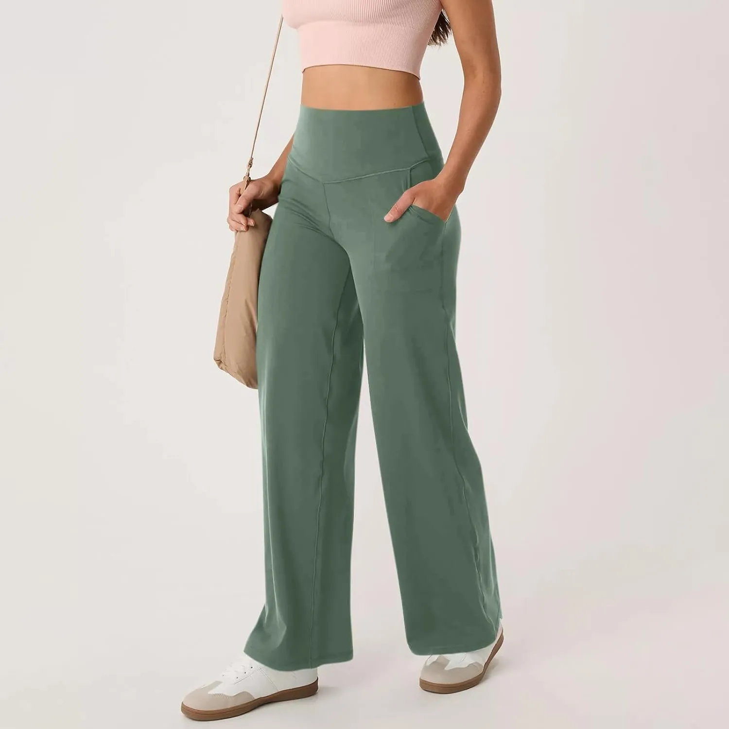 Women Wide Leg Yoga Pants with Pockets Stretch Straight Leg Dress Pant Tummy Summer Pants for Women Casual