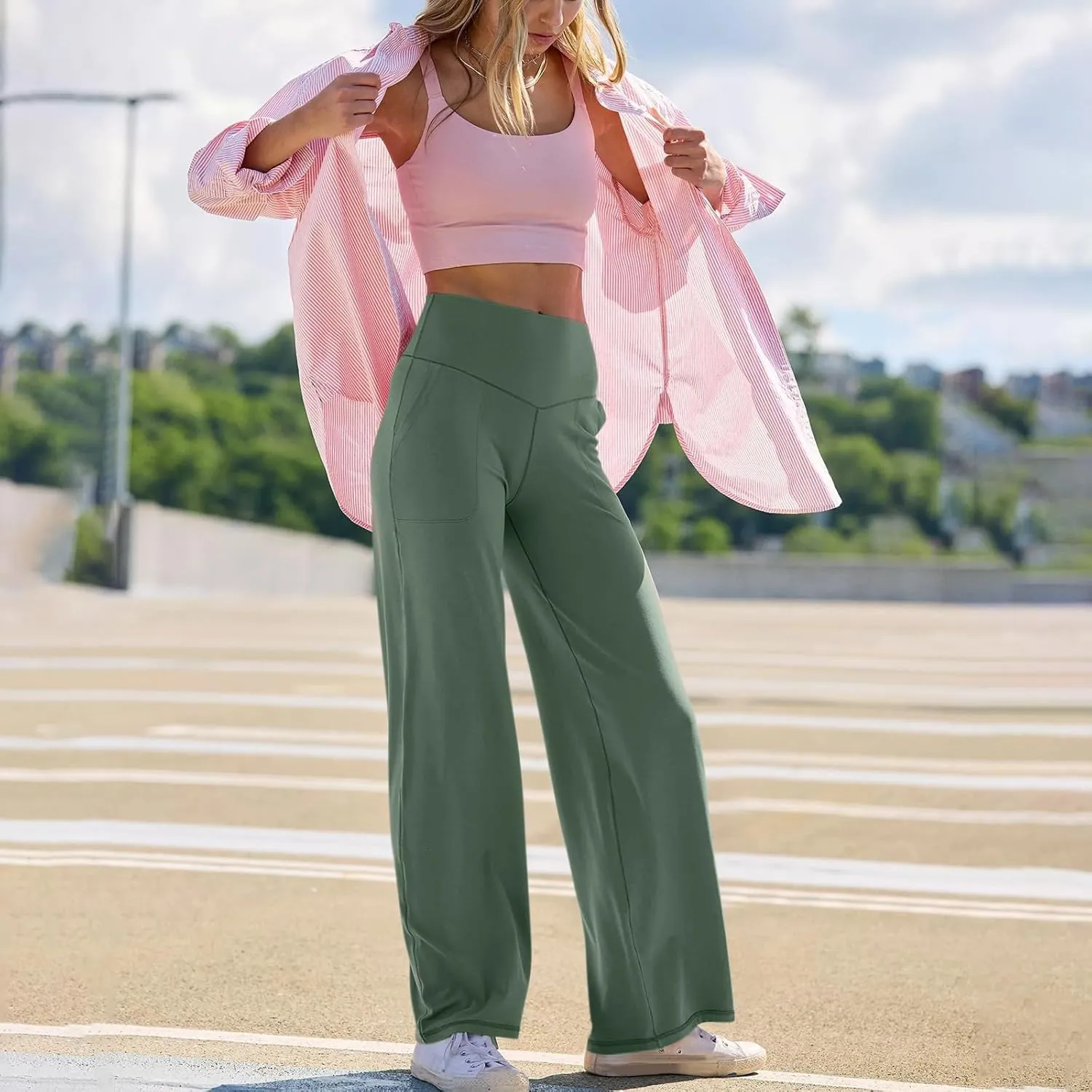 Women Wide Leg Yoga Pants with Pockets Stretch Straight Leg Dress Pant Tummy Summer Pants for Women Casual
