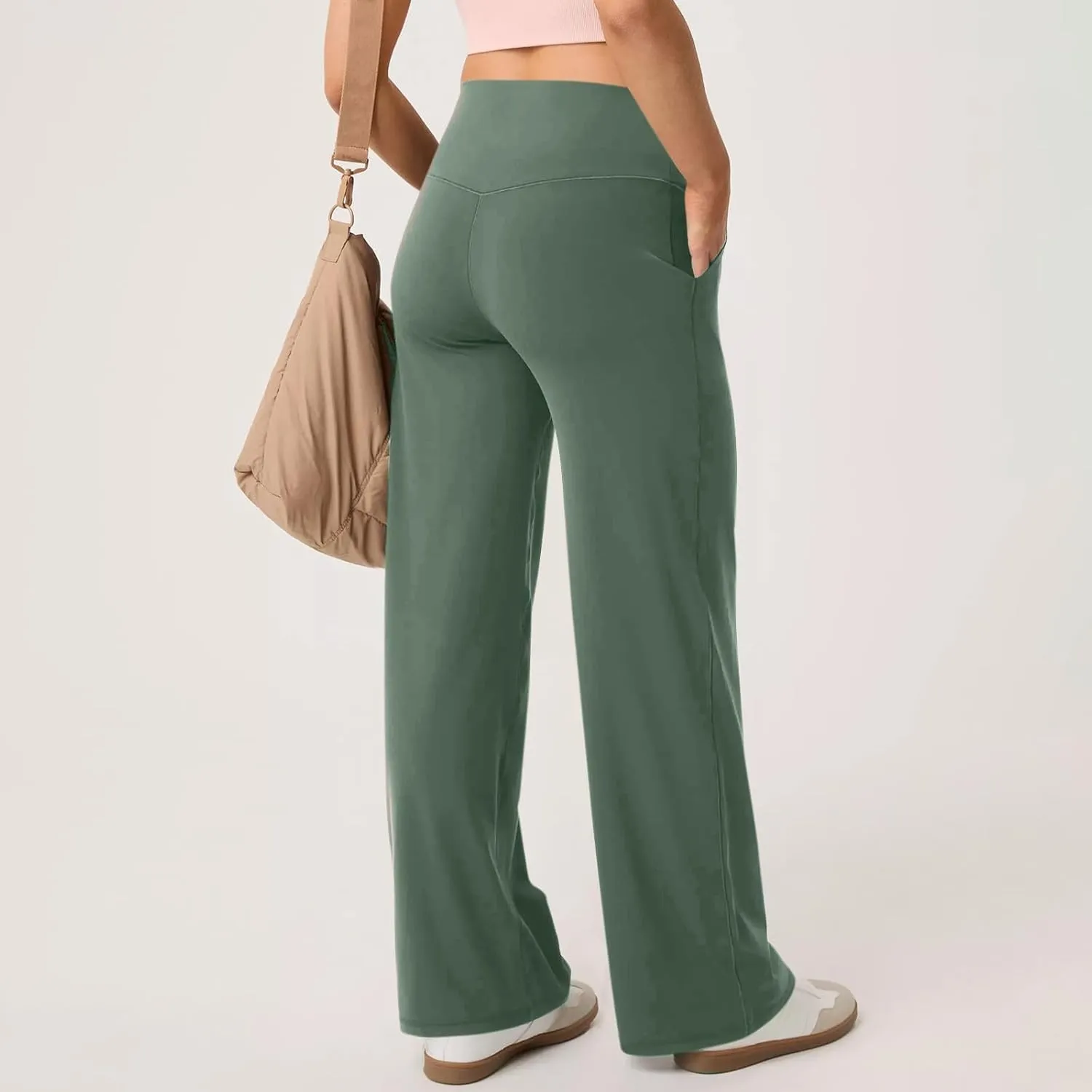 Women Wide Leg Yoga Pants with Pockets Stretch Straight Leg Dress Pant Tummy Summer Pants for Women Casual