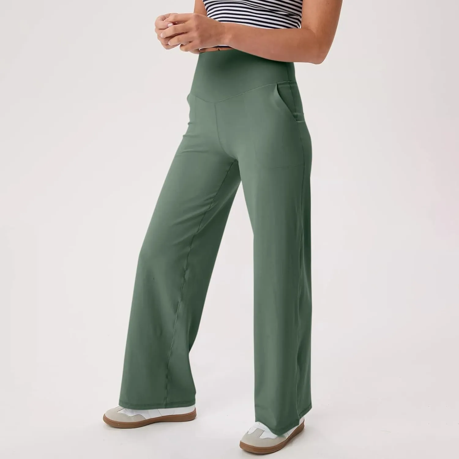 Women Wide Leg Yoga Pants with Pockets Stretch Straight Leg Dress Pant Tummy Summer Pants for Women Casual