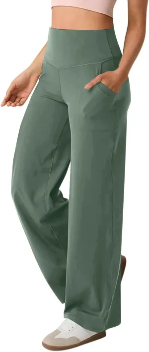 Women Wide Leg Yoga Pants with Pockets Stretch Straight Leg Dress Pant Tummy Summer Pants for Women Casual