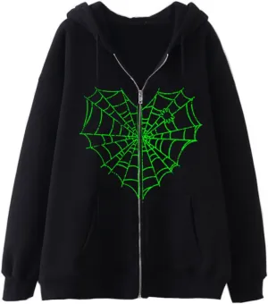 Women Y2K Zip Up Hoodie Spider Web Graphic Gothic Grunge Oversized Streetwear Hooded Sweatshirt Punk Emo Jacket Alt Clothes