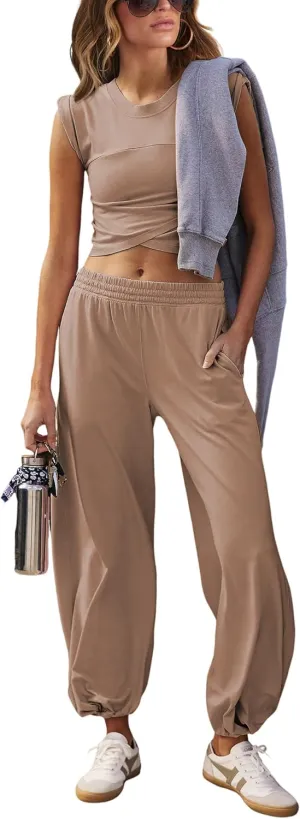 Womens 2 Piece Sweatsuits Sets Casual Workout Cropped Tee Top High Rise Sweatpants Athletic Tracksuits