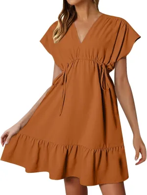 Womens 2025 Summer Short Sleeve V Neck Empire Waist Casual Ruffle A-Line Swing Mini Babydoll Dresses