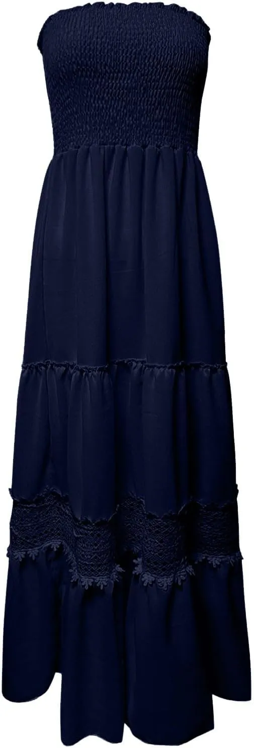 Women's 2025 Summer Smocked Strapless Maxi Dress Crewneck Flowy Elegant Tiered Vacation Going Out Tube Midi Dresses