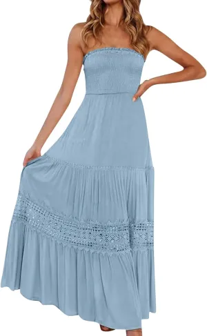 Women's 2025 Summer Smocked Strapless Maxi Dress Crewneck Flowy Elegant Tiered Vacation Going Out Tube Midi Dresses