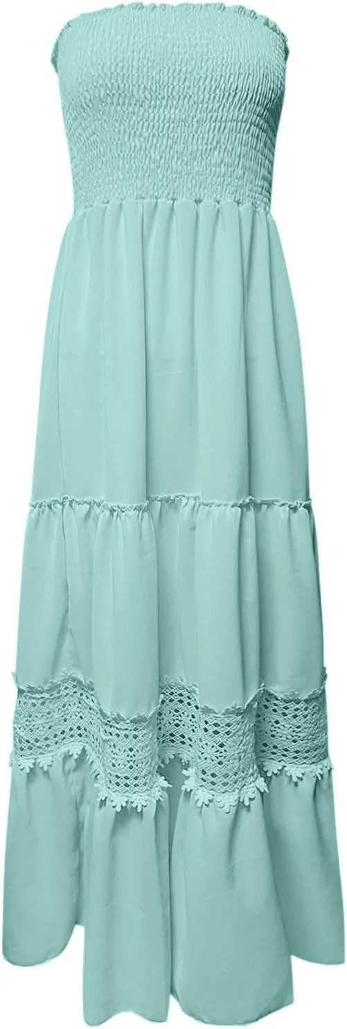 Women's 2025 Summer Smocked Strapless Maxi Dress Crewneck Flowy Elegant Tiered Vacation Going Out Tube Midi Dresses