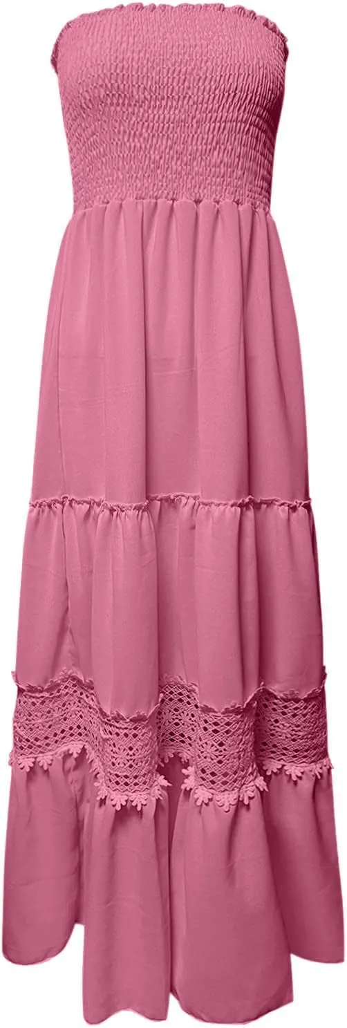 Women's 2025 Summer Smocked Strapless Maxi Dress Crewneck Flowy Elegant Tiered Vacation Going Out Tube Midi Dresses