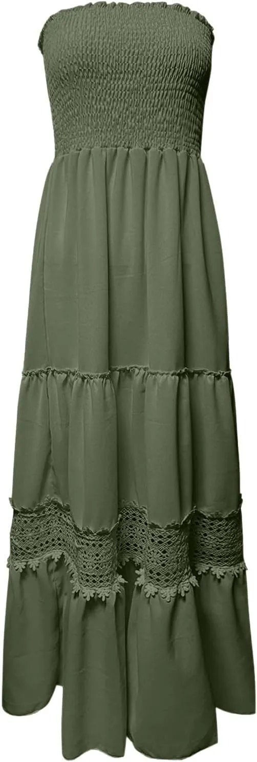 Women's 2025 Summer Smocked Strapless Maxi Dress Crewneck Flowy Elegant Tiered Vacation Going Out Tube Midi Dresses