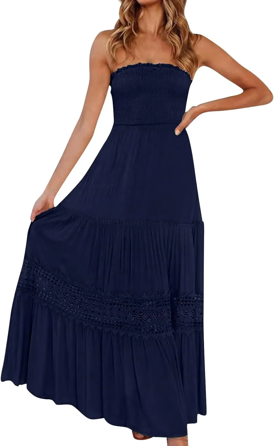 Women's 2025 Summer Smocked Strapless Maxi Dress Crewneck Flowy Elegant Tiered Vacation Going Out Tube Midi Dresses