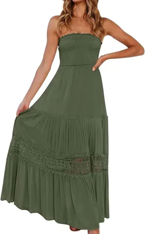 Women's 2025 Summer Smocked Strapless Maxi Dress Crewneck Flowy Elegant Tiered Vacation Going Out Tube Midi Dresses