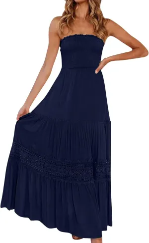 Women's 2025 Summer Smocked Strapless Maxi Dress Crewneck Flowy Elegant Tiered Vacation Going Out Tube Midi Dresses