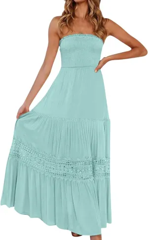 Women's 2025 Summer Smocked Strapless Maxi Dress Crewneck Flowy Elegant Tiered Vacation Going Out Tube Midi Dresses