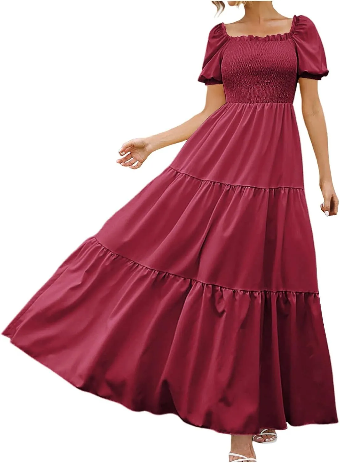 Women's 2025 Summer Square Neck Short Puff Sleeve Solid Color High Waist Casual Smocked Flowy A Line Tiered Midi Dress