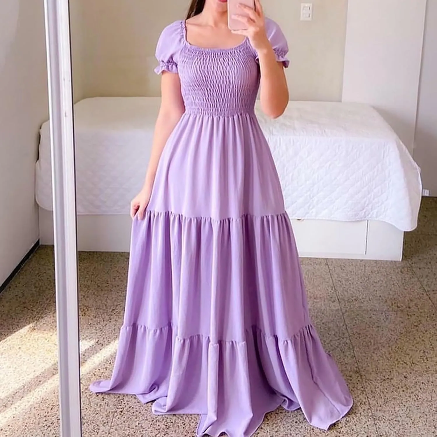 Women's 2025 Summer Square Neck Short Puff Sleeve Solid Color High Waist Casual Smocked Flowy A Line Tiered Midi Dress