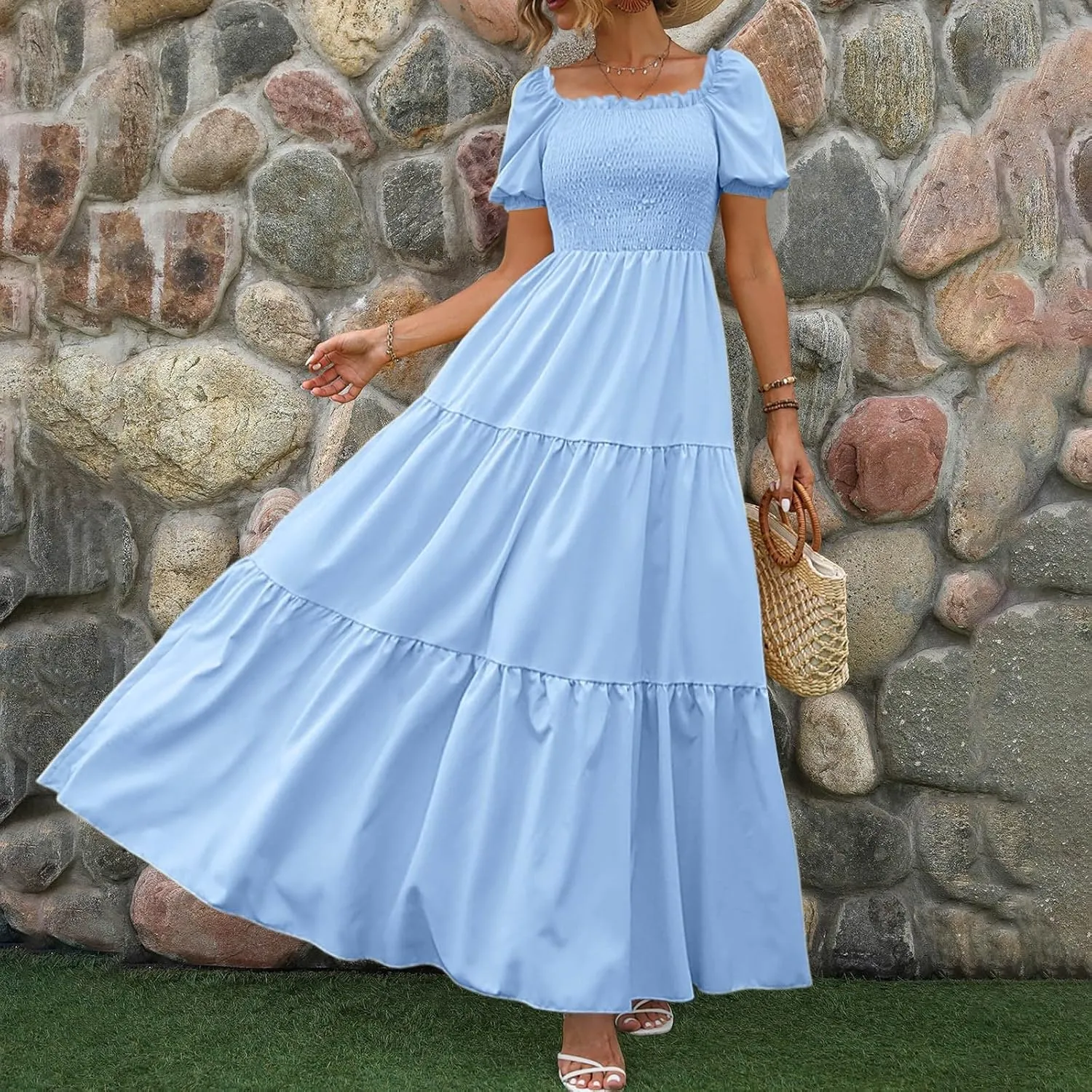 Women's 2025 Summer Square Neck Short Puff Sleeve Solid Color High Waist Casual Smocked Flowy A Line Tiered Midi Dress