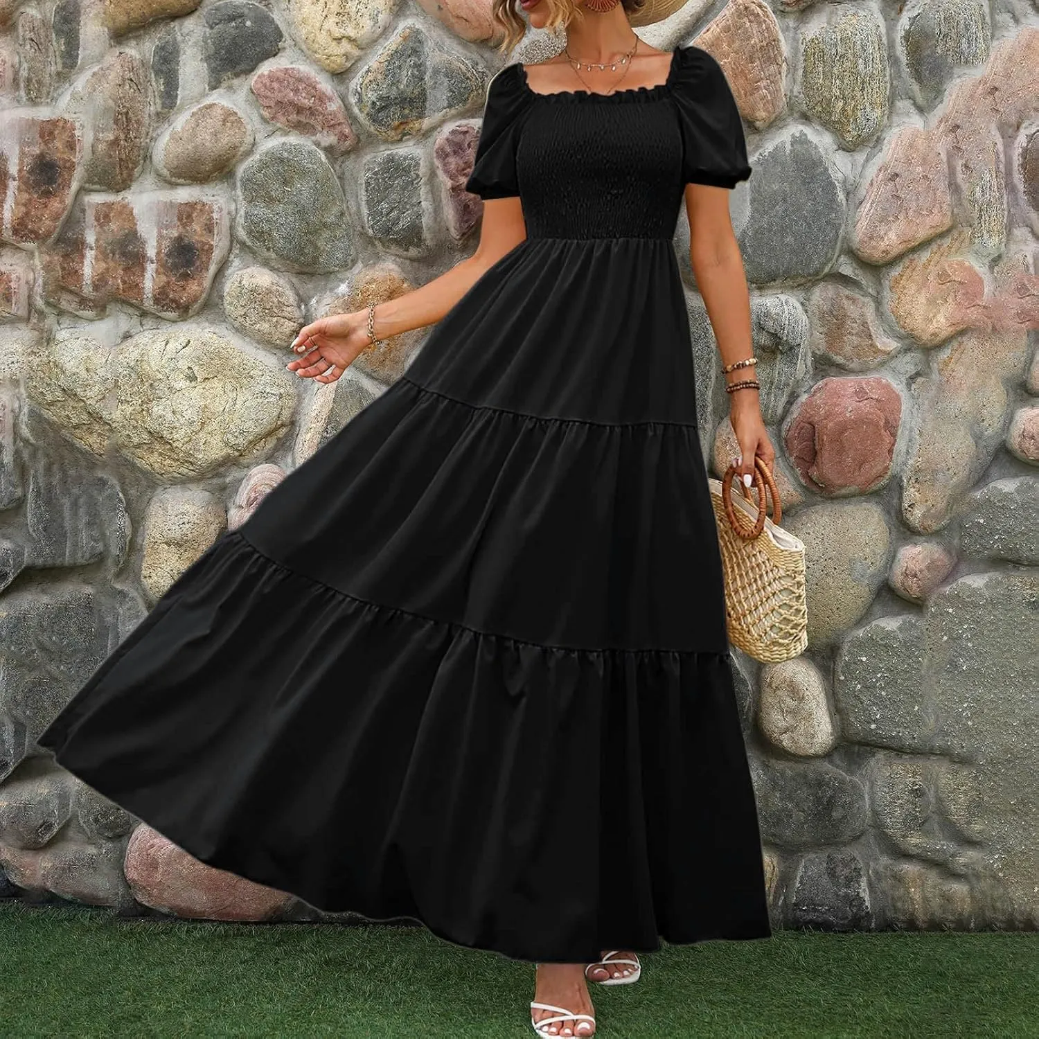 Women's 2025 Summer Square Neck Short Puff Sleeve Solid Color High Waist Casual Smocked Flowy A Line Tiered Midi Dress