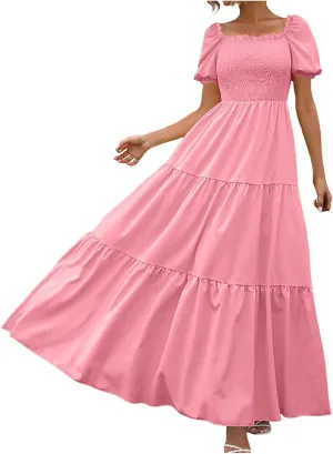 Women's 2025 Summer Square Neck Short Puff Sleeve Solid Color High Waist Casual Smocked Flowy A Line Tiered Midi Dress