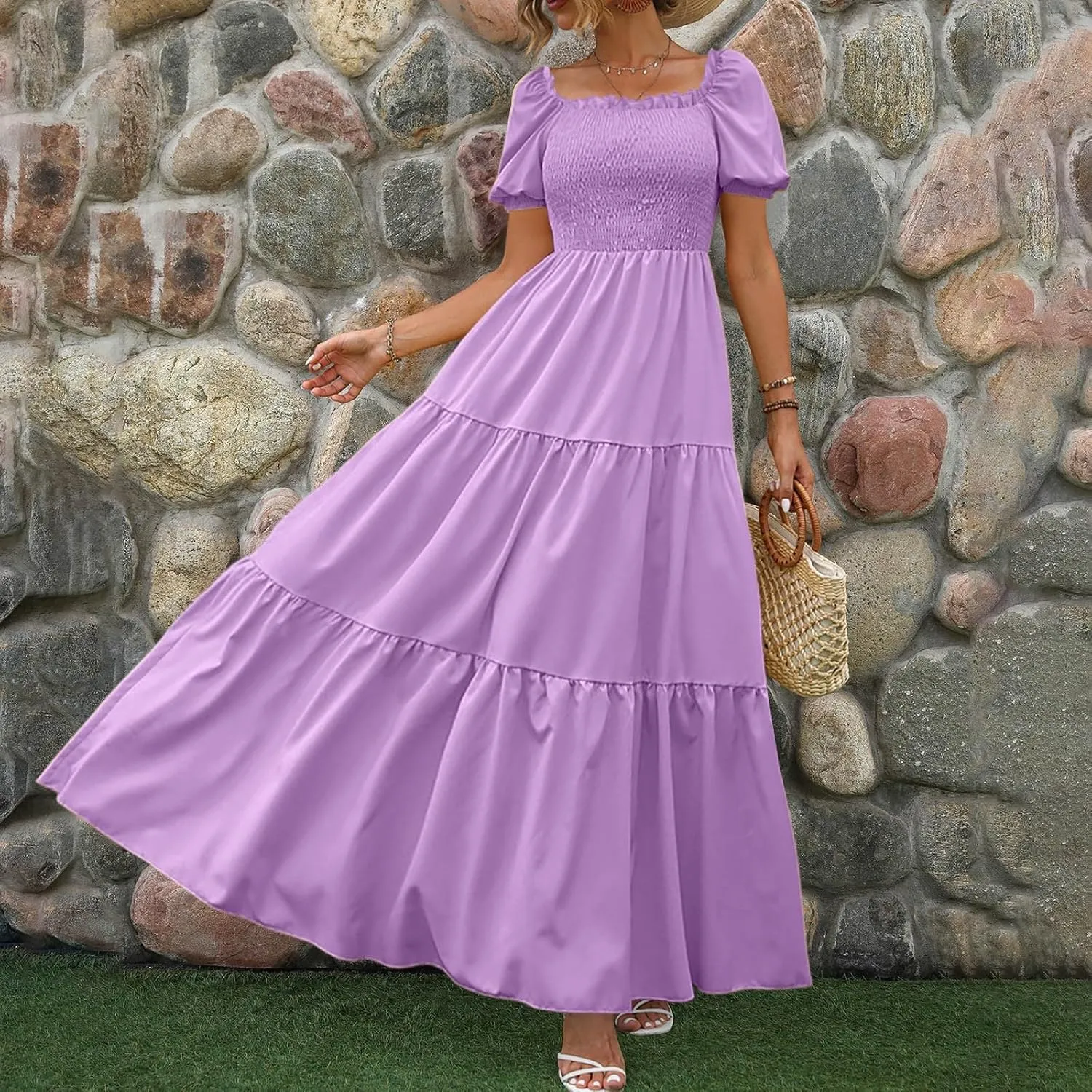 Women's 2025 Summer Square Neck Short Puff Sleeve Solid Color High Waist Casual Smocked Flowy A Line Tiered Midi Dress