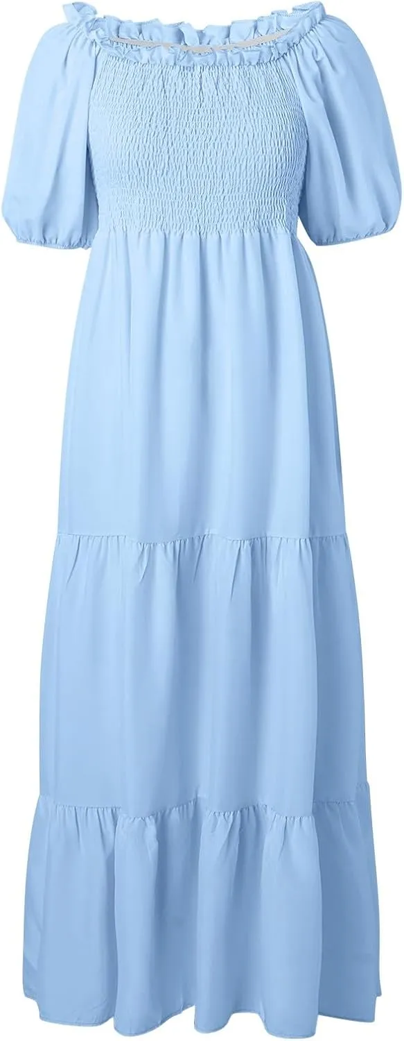 Women's 2025 Summer Square Neck Short Puff Sleeve Solid Color High Waist Casual Smocked Flowy A Line Tiered Midi Dress
