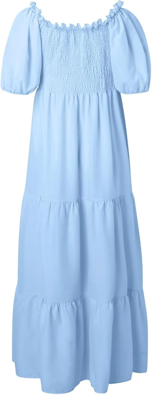 Women's 2025 Summer Square Neck Short Puff Sleeve Solid Color High Waist Casual Smocked Flowy A Line Tiered Midi Dress