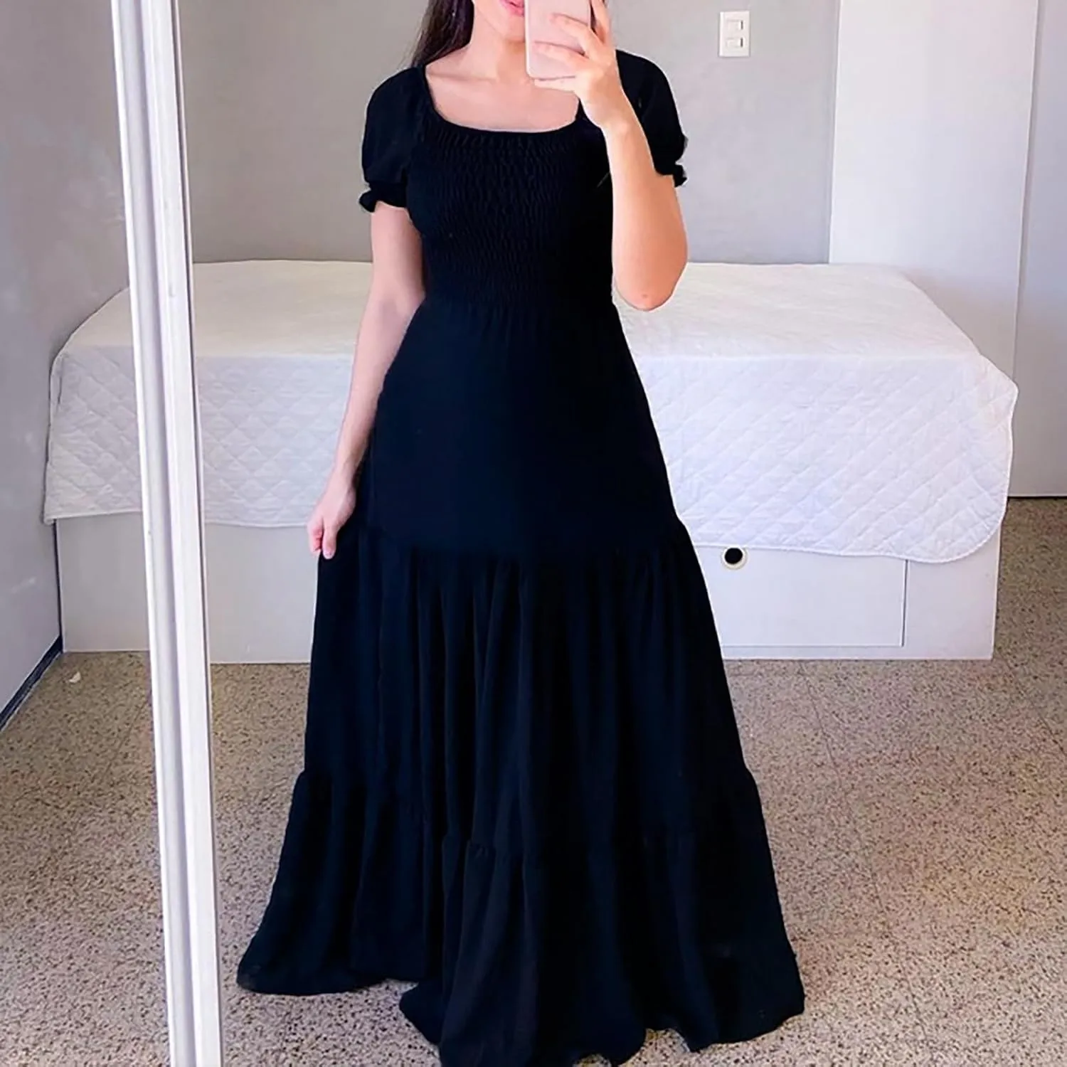Women's 2025 Summer Square Neck Short Puff Sleeve Solid Color High Waist Casual Smocked Flowy A Line Tiered Midi Dress
