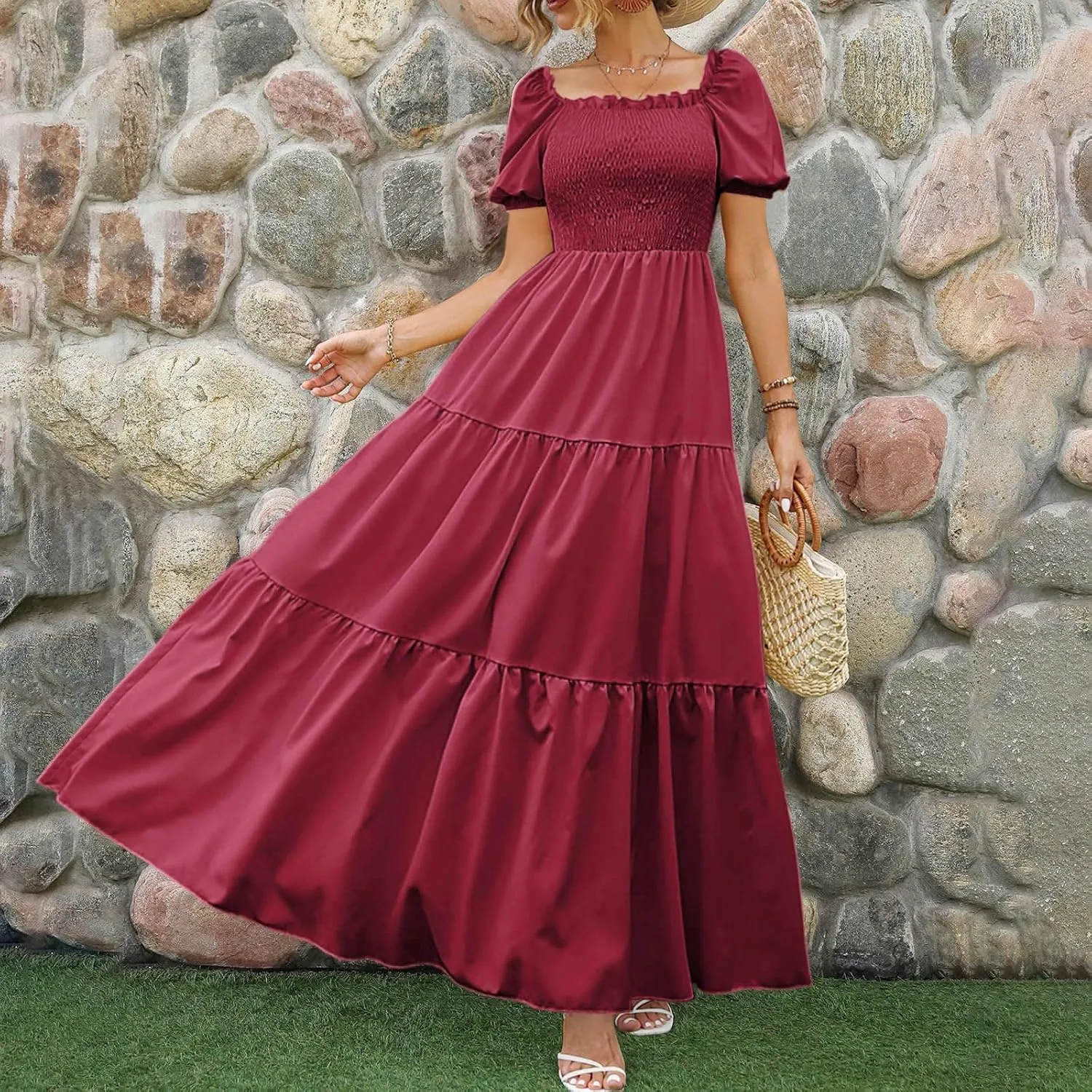 Women's 2025 Summer Square Neck Short Puff Sleeve Solid Color High Waist Casual Smocked Flowy A Line Tiered Midi Dress