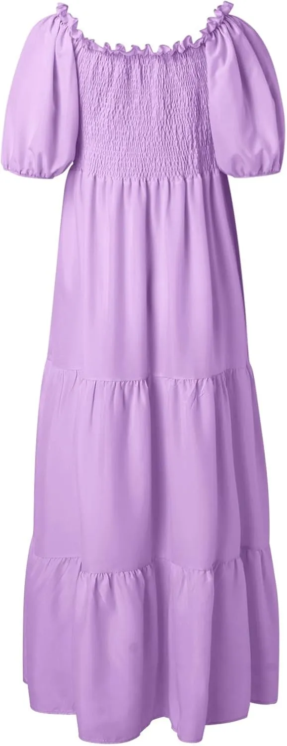 Women's 2025 Summer Square Neck Short Puff Sleeve Solid Color High Waist Casual Smocked Flowy A Line Tiered Midi Dress