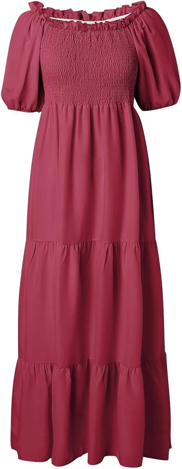 Women's 2025 Summer Square Neck Short Puff Sleeve Solid Color High Waist Casual Smocked Flowy A Line Tiered Midi Dress