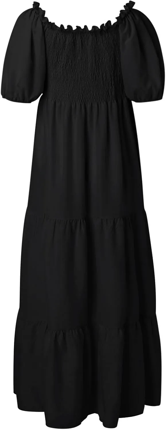 Women's 2025 Summer Square Neck Short Puff Sleeve Solid Color High Waist Casual Smocked Flowy A Line Tiered Midi Dress