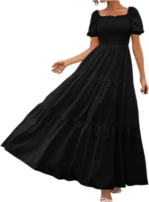 Women's 2025 Summer Square Neck Short Puff Sleeve Solid Color High Waist Casual Smocked Flowy A Line Tiered Midi Dress