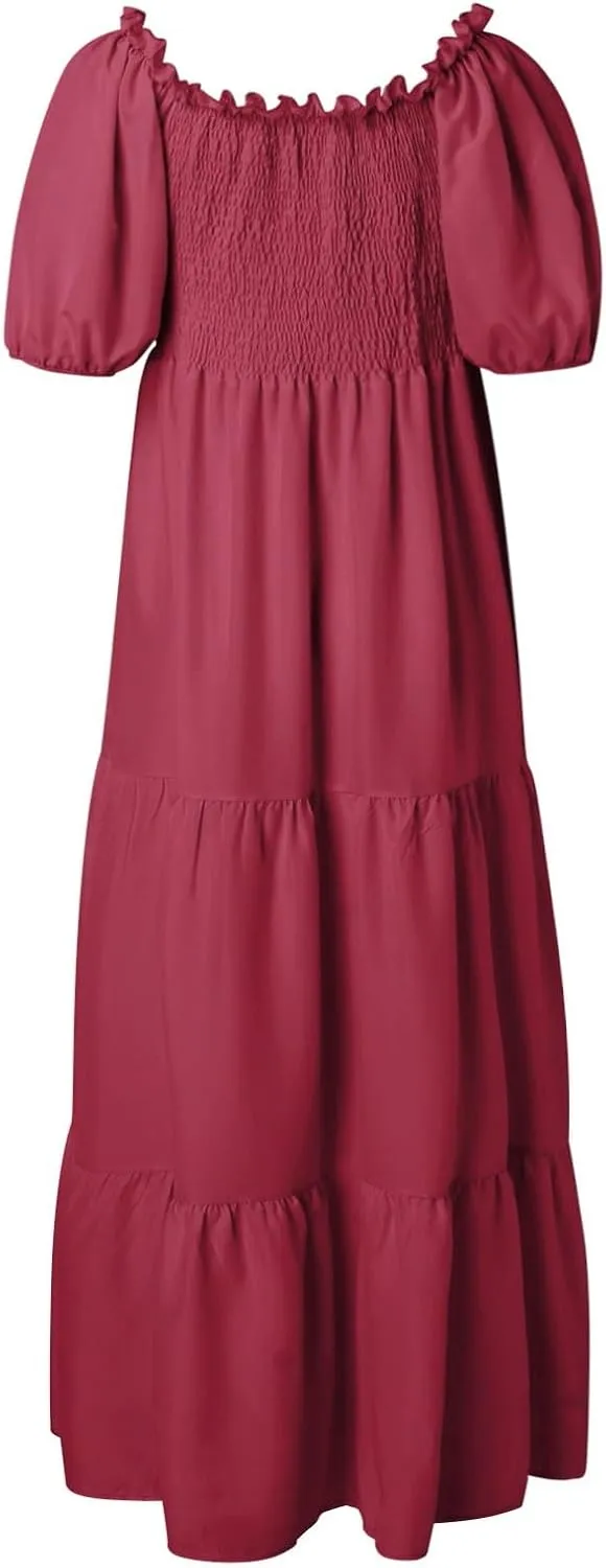 Women's 2025 Summer Square Neck Short Puff Sleeve Solid Color High Waist Casual Smocked Flowy A Line Tiered Midi Dress