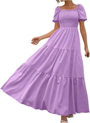 Women's 2025 Summer Square Neck Short Puff Sleeve Solid Color High Waist Casual Smocked Flowy A Line Tiered Midi Dress