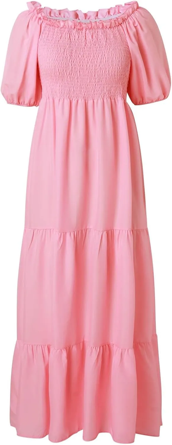 Women's 2025 Summer Square Neck Short Puff Sleeve Solid Color High Waist Casual Smocked Flowy A Line Tiered Midi Dress