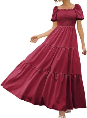 Women's 2025 Summer Square Neck Short Puff Sleeve Solid Color High Waist Casual Smocked Flowy A Line Tiered Midi Dress