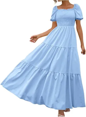 Women's 2025 Summer Square Neck Short Puff Sleeve Solid Color High Waist Casual Smocked Flowy A Line Tiered Midi Dress