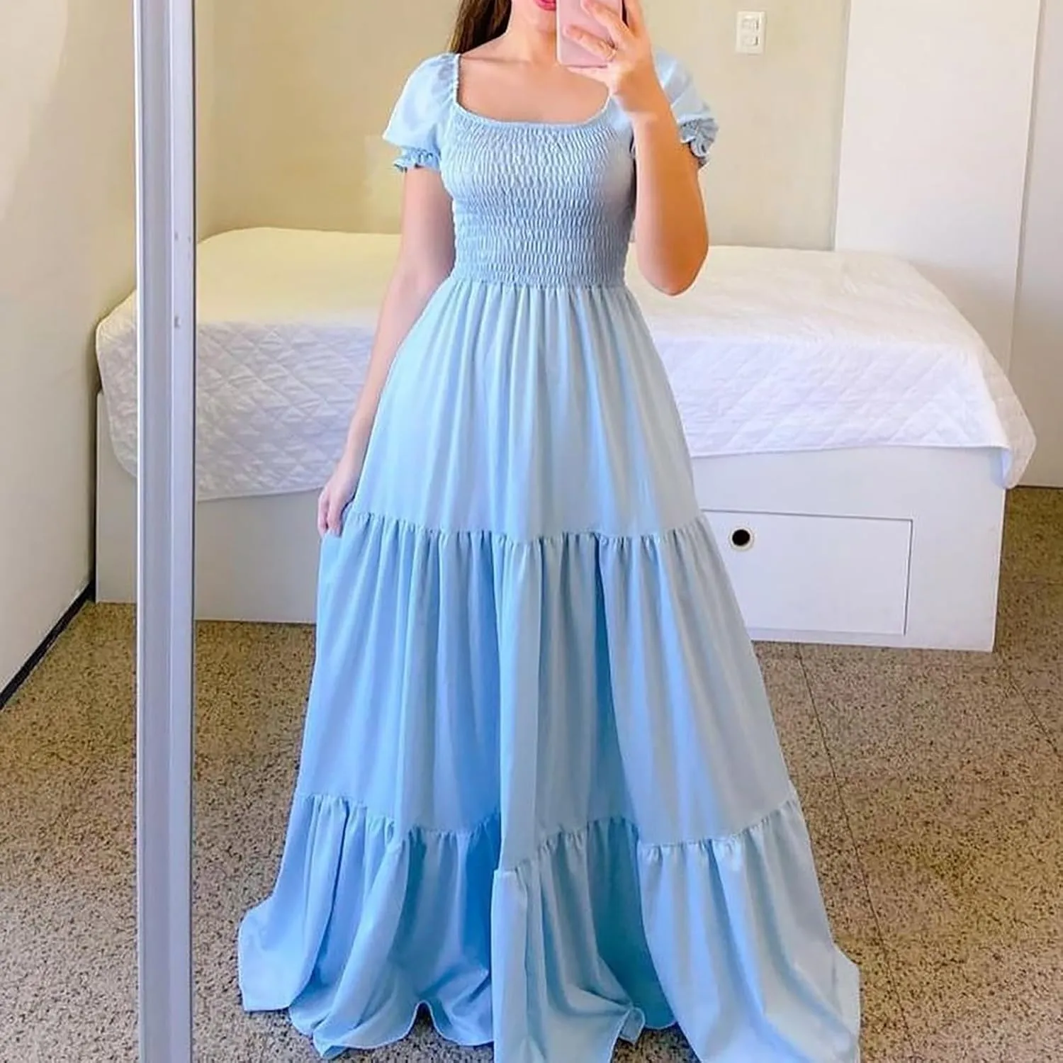 Women's 2025 Summer Square Neck Short Puff Sleeve Solid Color High Waist Casual Smocked Flowy A Line Tiered Midi Dress