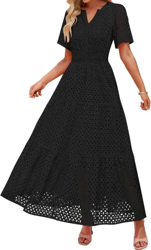 Women's 2025 Summer V Neck Hollow Out Casual Eyelet Ruffle Swing A Line Dress Short Sleeve Boho Long Maxi Dresses